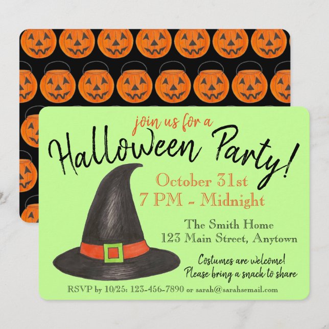Halloween Party Orange Pumpkin Black Witch Hat Invitation (Front/Back)