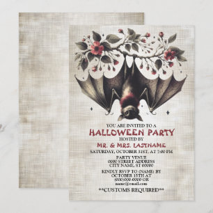 Halloween Party Pink Flowers Bat Green Leaves Invitation