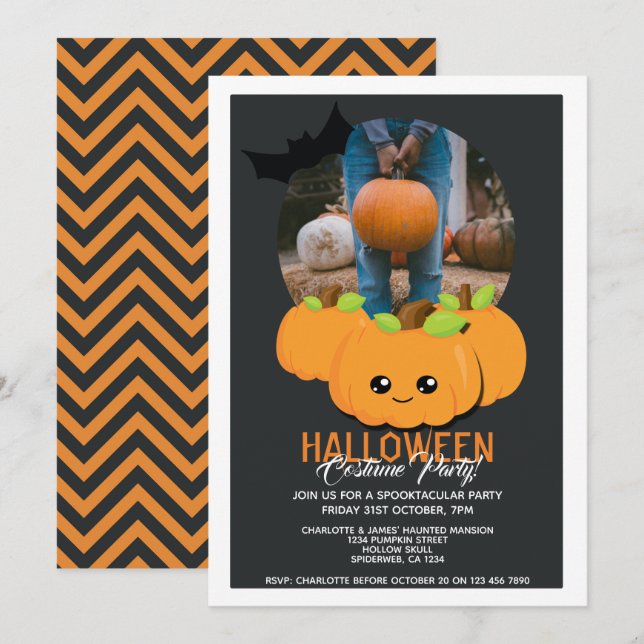 Halloween Party Pumpkin And Bat Personalized Invitation (Front/Back)