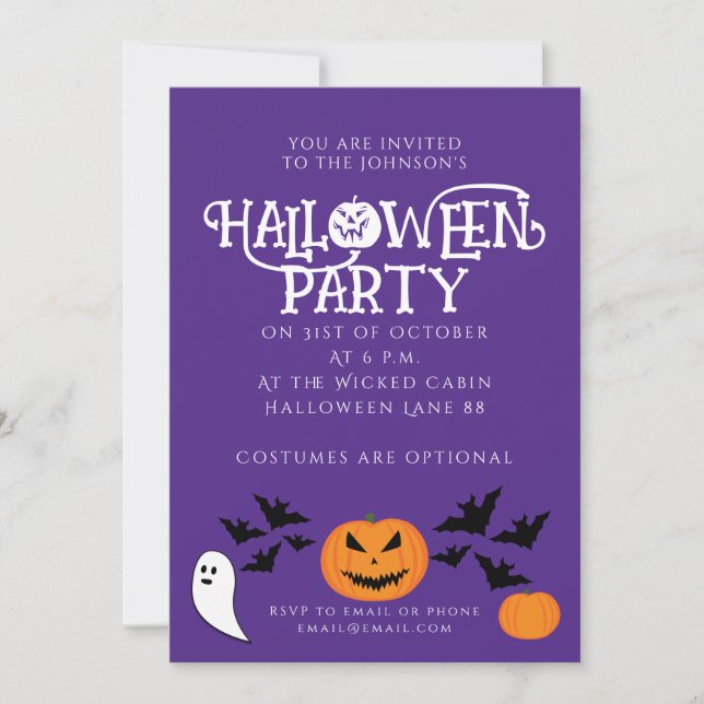 Halloween party pumpkins bats on purple invitation (Front)