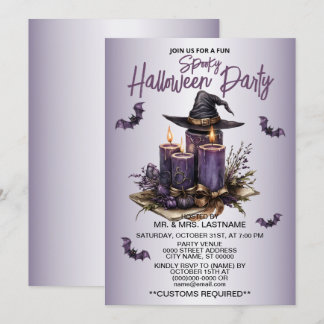 Halloween Party Purple Candles Bats Spooky Scary Invitation