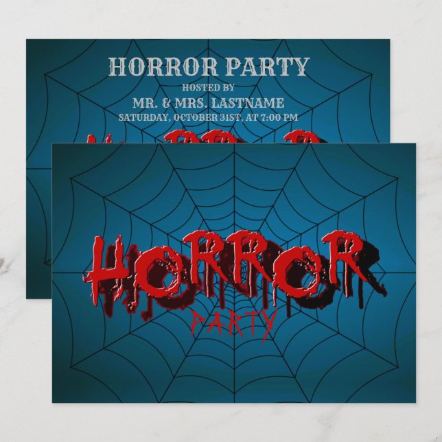 Halloween Party Red Horror Spider Web Blue Scary Invitation (Front/Back)