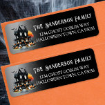Halloween Party Return Address<br><div class="desc">Welcome guests to your annual Halloween costume party, Halloween baby shower, or any spooky celebration with this fun and simple return address label featuring a dark, moody distressed background and white fonts. The design includes a black haunted house with pops of orange from pumpkins and jack-o'-lanterns, along with playful little...</div>