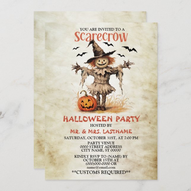 Halloween Party Scarecrow Evil Orange Pumpkin Invitation (Front/Back)