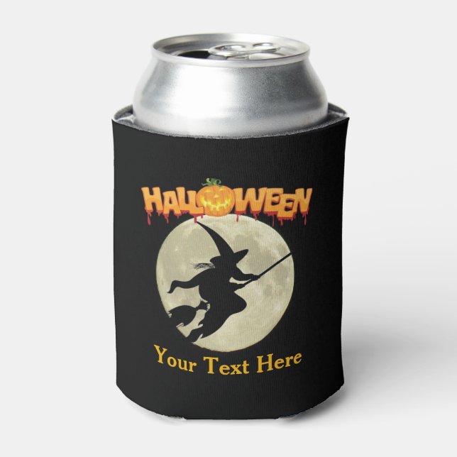 Halloween Party Scary Witch on Broom and Pumpkin Can Cooler (Can Front)