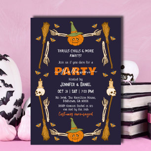 Halloween Party Skeleton Hand Witch Broom Gothic  Invitation