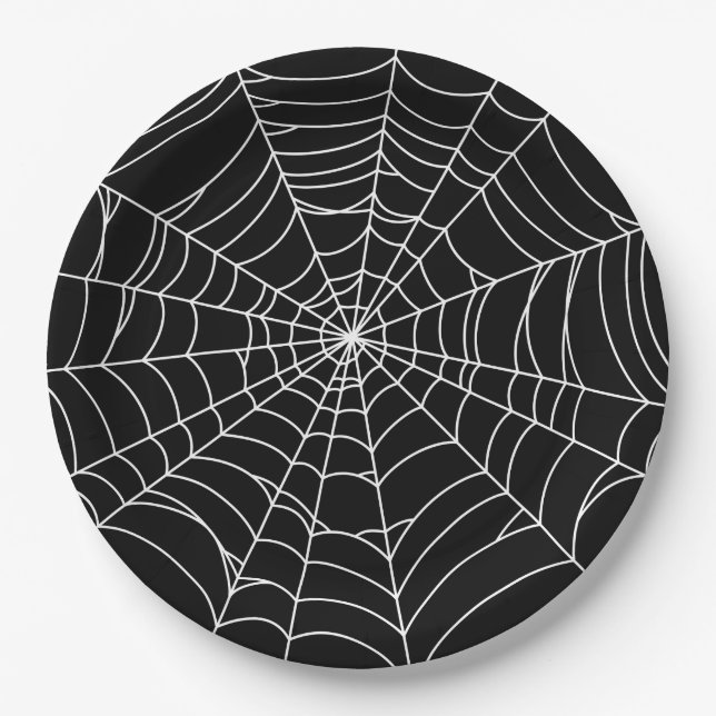 Halloween Party, Spider Web, Black and White Paper Plate (Front)