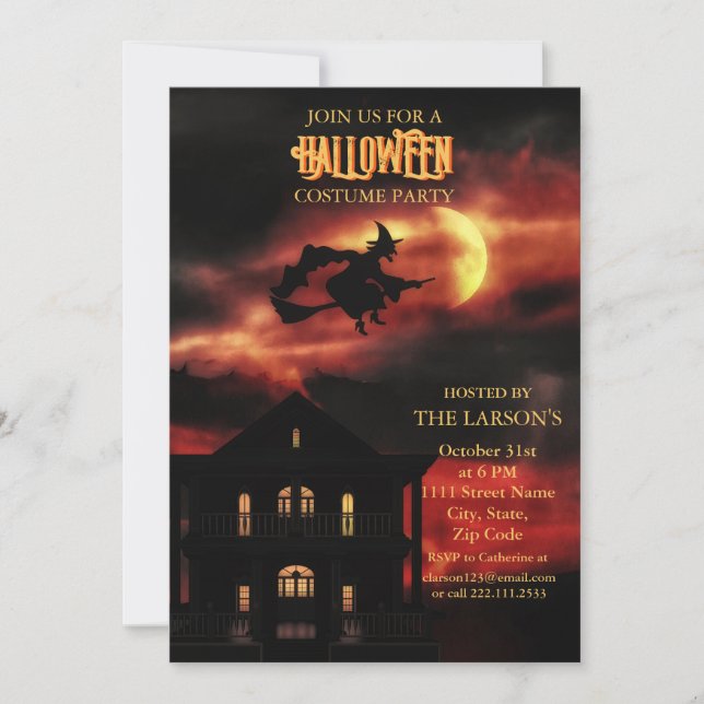Halloween Party Spooky House and Witch Invitation (Front)