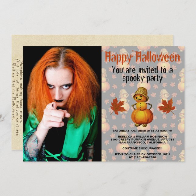 Halloween Party Spooky Pumpkin Man with Basket hat Invitation (Front/Back)