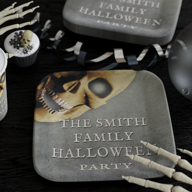 Halloween Party Spooky Skull Square Paper Plates (Add your family name to this spooky skull Halloween party paper plate)
