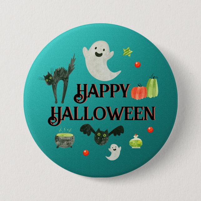 Halloween Party Teal and Green 3 Inch Round Button (Front)