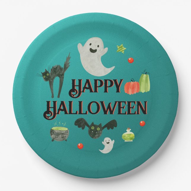 Halloween Party Teal and Green Paper Plate (Front)