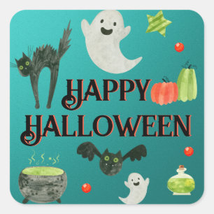 Halloween Party Teal and Green Square Sticker