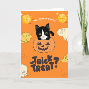 Halloween Party Trick Or Treat Cat Pumkin Holiday Card