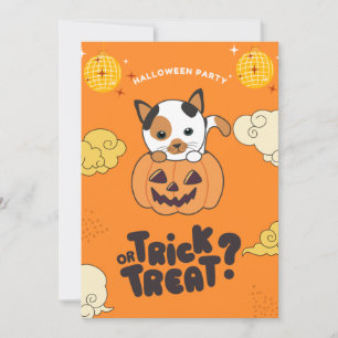 Halloween Party Trick Or Treat Cat Pumkin Holiday Card