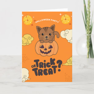 Halloween Party Trick Or Treat Cat Pumkin Holiday Card