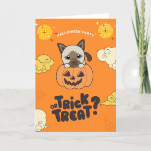 Halloween Party Trick Or Treat Siamese Cat Pumkin Holiday Card