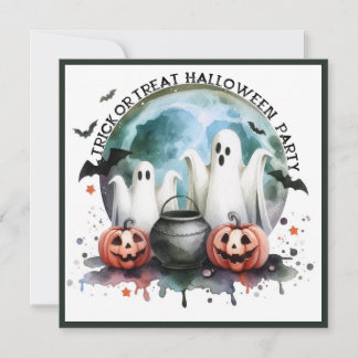HALLOWEEN Party Trick Or Treat Two Ghosts Pumpkins Invitation