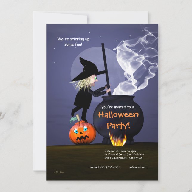 Halloween Party Witch and Cauldron Invitation (Front)