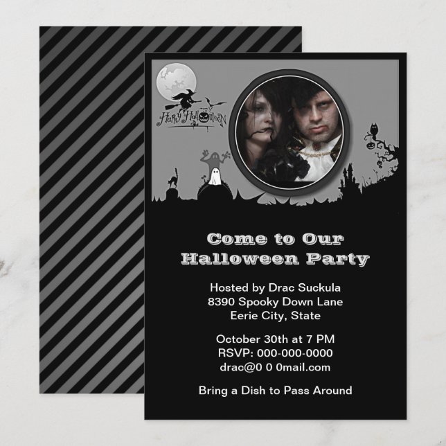 Halloween Party, Witch, Ghost, Cat, B&W Add Photo Invitation (Front/Back)