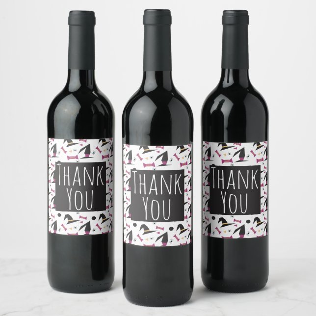 Halloween Party Witch Hat Candy Spiders Thank You Wine Label (Bottles)