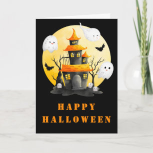 Halloween Party with Haunted House and Ghosts Card
