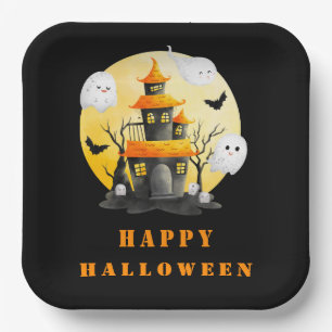 Halloween Party with Haunted House and Ghosts Paper Plate