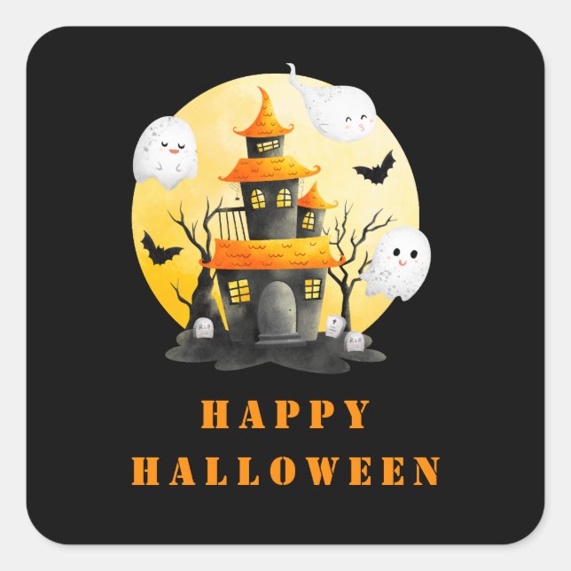 Halloween Party with Haunted House and Ghosts Square Sticker (Front)