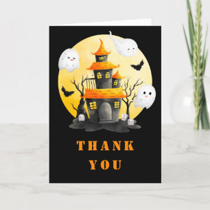 Halloween Party with Haunted House and Ghosts Thank You Card