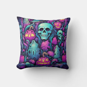 Halloween Pastel Skulls and Pumpkins Throw Pillow