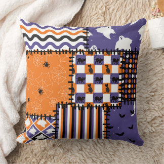 Halloween Patchwork Cats Ghosts Throw Pillow