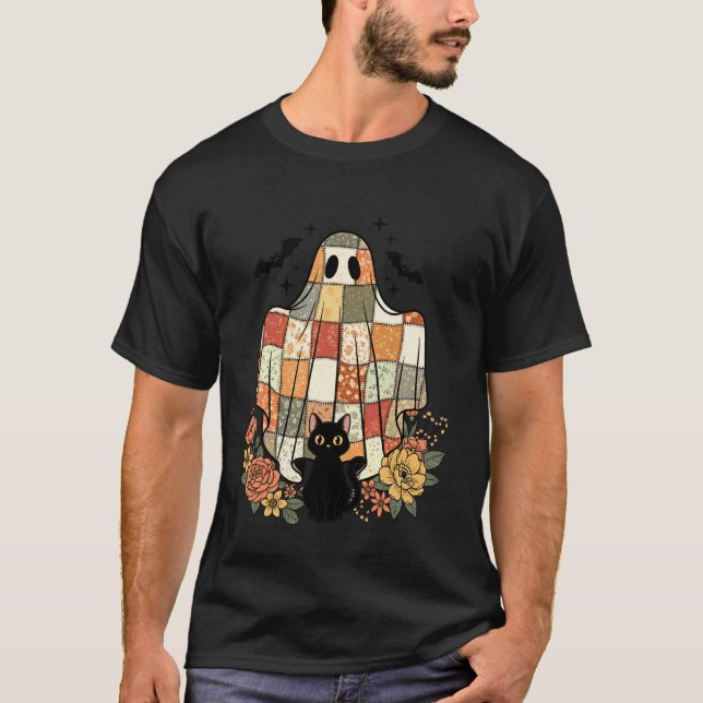Halloween Patchwork Ghost Black Cat Cute Floral St T-Shirt (Front)