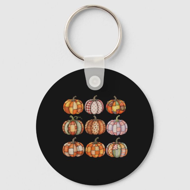 Halloween Patchwork Pumpkin Quilted Fall Aesthetic Keychain (Front)