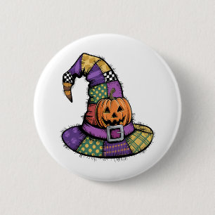 Halloween Patchwork Witch Hat Spooky 2 Inch Round Button