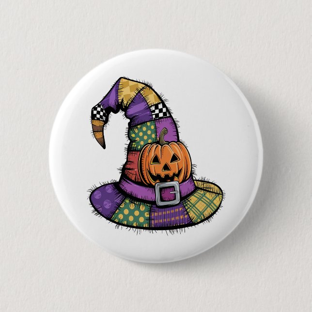 Halloween Patchwork Witch Hat Spooky 2 Inch Round Button (Front)