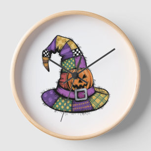 Halloween Patchwork Witch Hat Spooky Clock