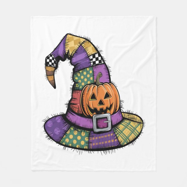 Halloween Patchwork Witch Hat Spooky Fleece Blanket (Front)