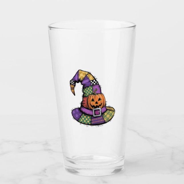 Halloween Patchwork Witch Hat Spooky Glass (Front)