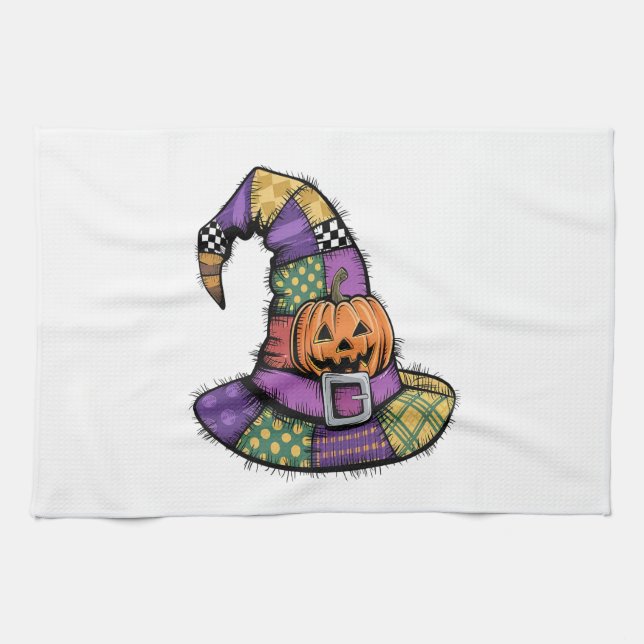 Halloween Patchwork Witch Hat Spooky Kitchen Towel (Horizontal)