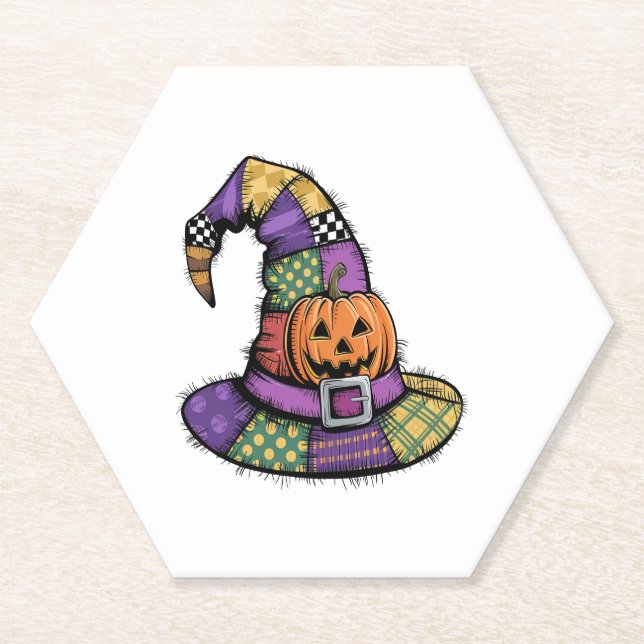 Halloween Patchwork Witch Hat Spooky Paper Coaster (Front)