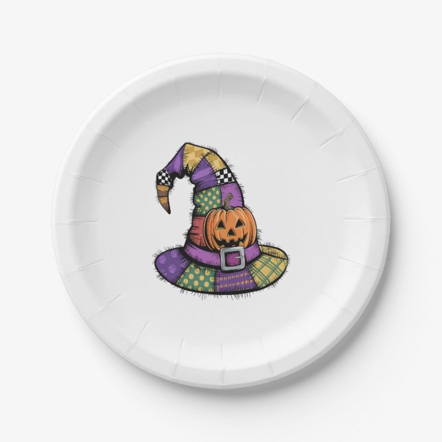 Halloween Patchwork Witch Hat Spooky Paper Plate (Front)