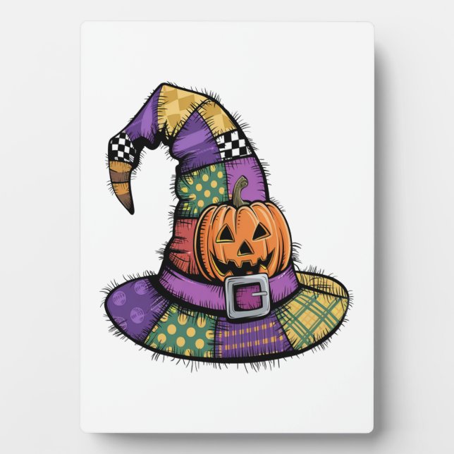 Halloween Patchwork Witch Hat Spooky Plaque (Front)