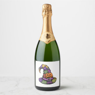 Halloween Patchwork Witch Hat Spooky Sparkling Wine Label