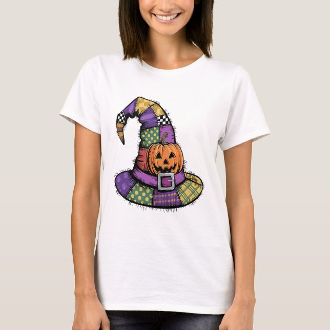 Halloween Patchwork Witch Hat Spooky T-Shirt (Front)