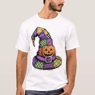 Halloween Patchwork Witch Hat Spooky T-Shirt