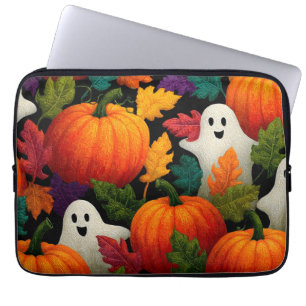 Halloween Pattern Background with Orange Pumpkins Laptop Sleeve