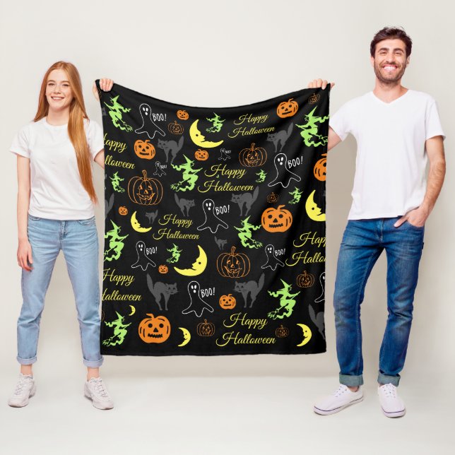 Halloween Pattern Black Fleece Blanket (In Situ)