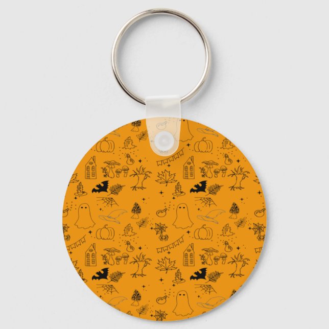 Halloween pattern of ghosts, houses, spiders keychain (Front)