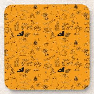 Halloween pattern of ghosts, houses, spiders throw coaster
