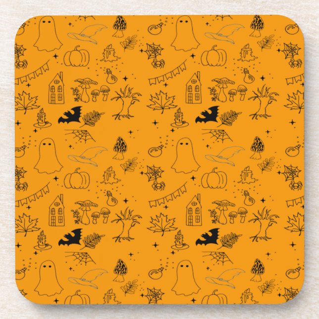 Halloween pattern of ghosts, houses, spiders throw coaster (Front)